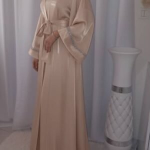 Ensemble Abaya Femme Dubai 2 Pièces – Robe Longue Fluide + Gilet Satiné Élégant – Tenue de Soirée, Mariage, Ramadan