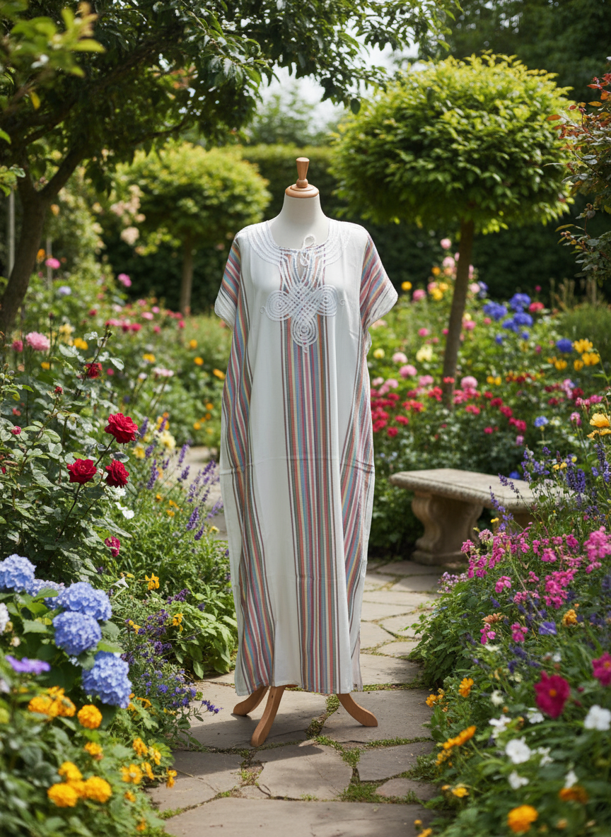 Gandoura blanche de taille unique large, abaya en coton – Image 3