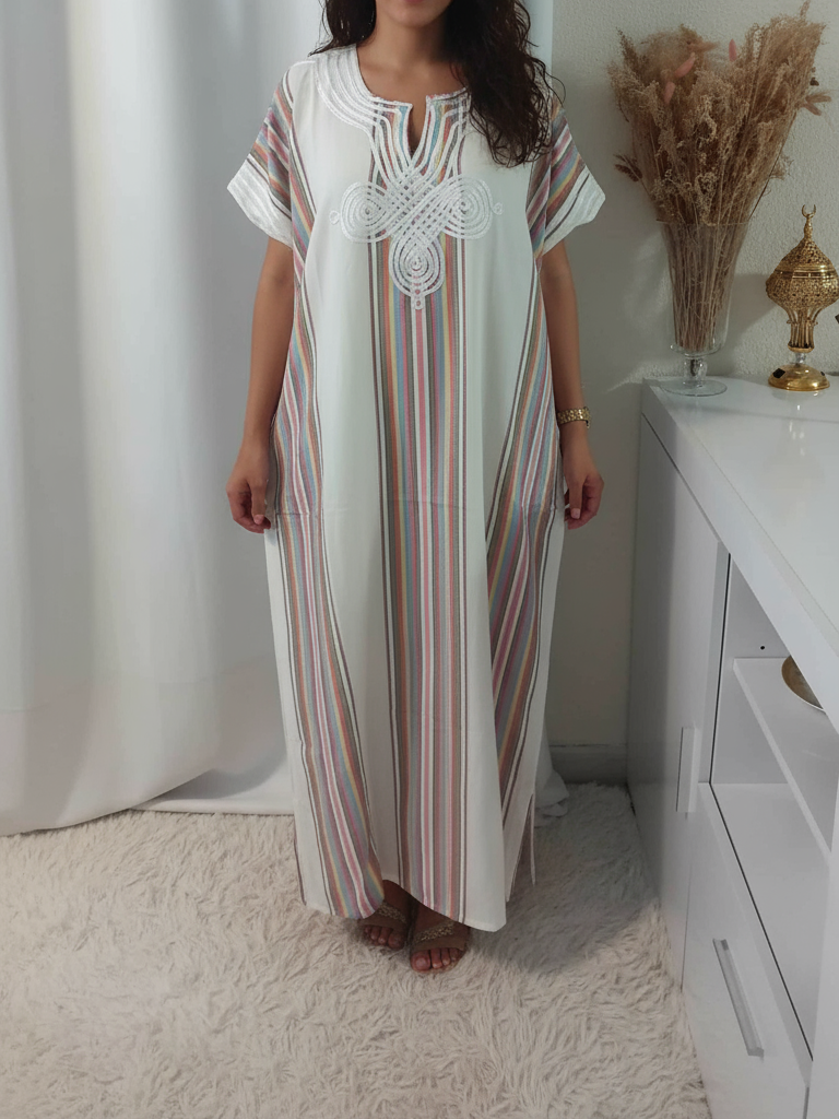 Gandoura blanche de taille unique large, abaya en coton – Image 2