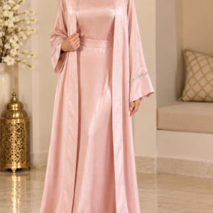 Abaya Femme Longue Sans Manches avec Ceinture – Robe Ample et Fluide avec Gilet Satiné – Ensemble Élégant et Modeste