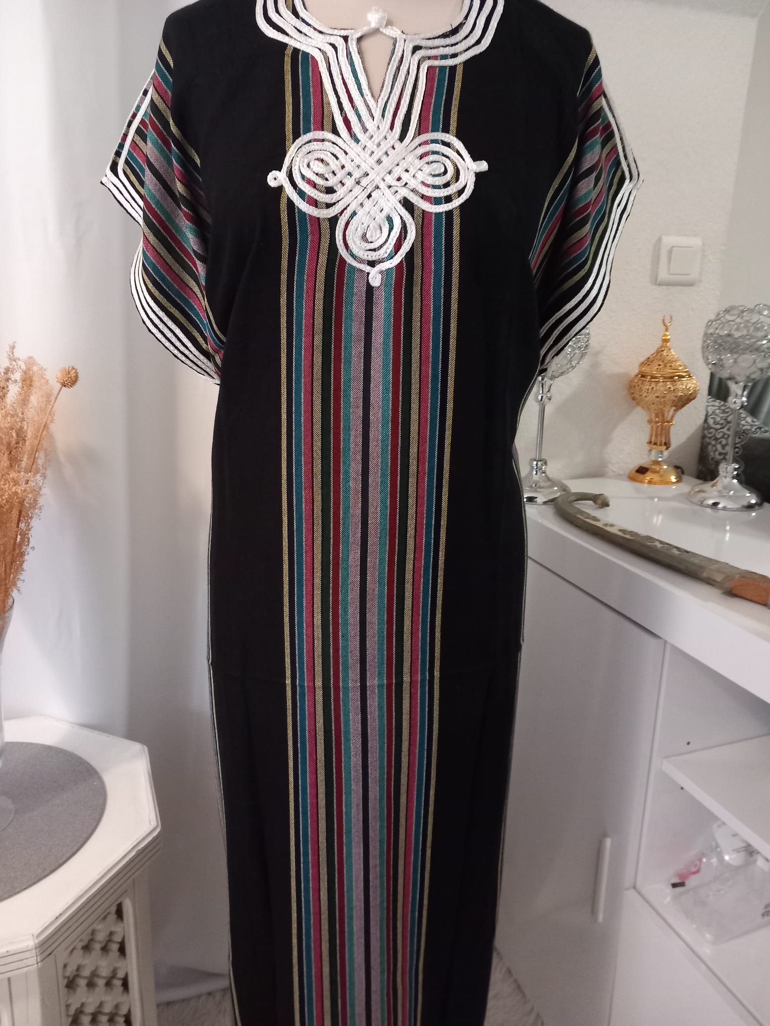 Gandoura en coton effet lin, Robe longue, kaftan noir – Image 3