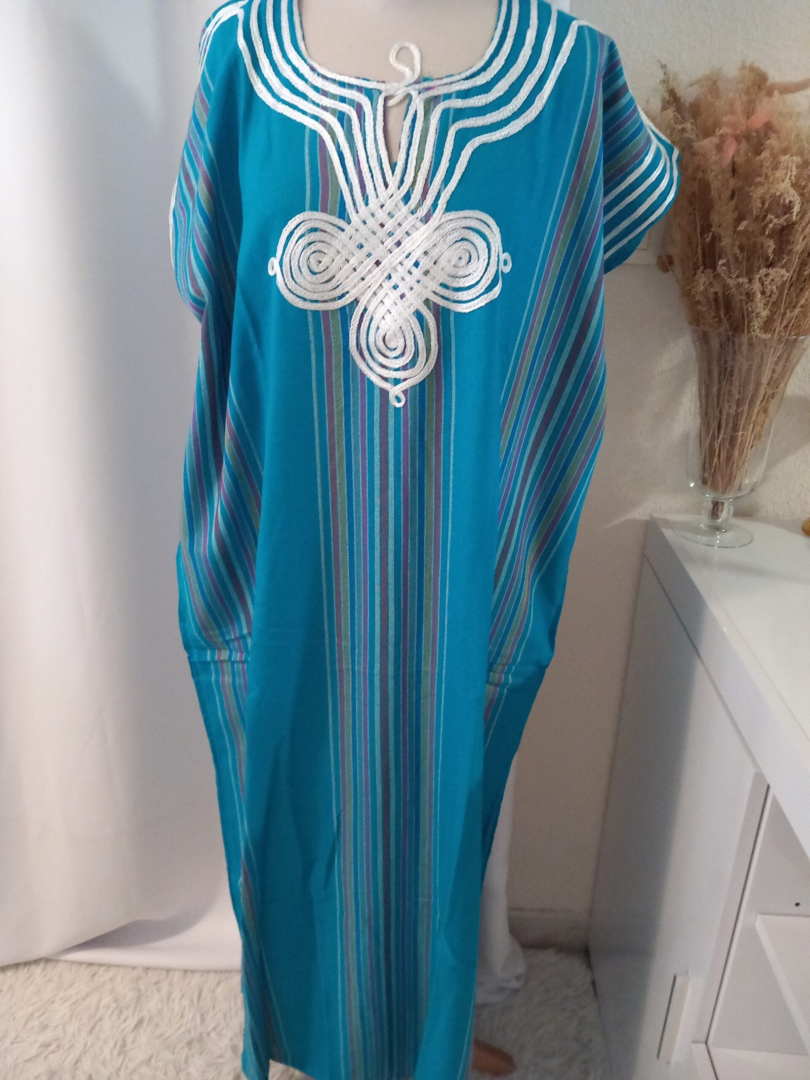 Gandoura marocaine de couleur turquoise, Robe longue en coton – Image 3