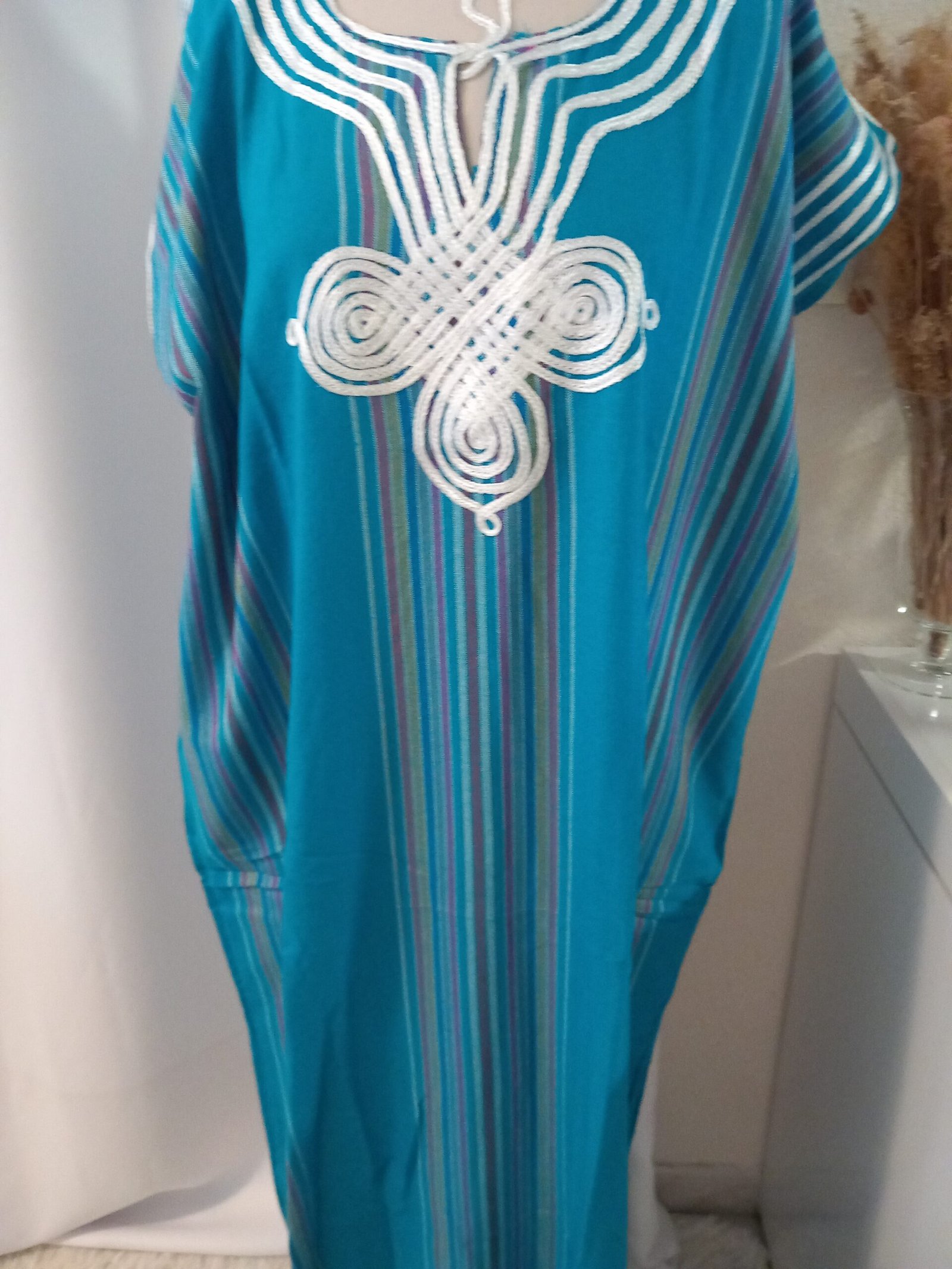 Gandoura marocaine de couleur turquoise, Robe longue en coton – Image 4