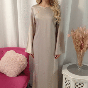 Robe longue satinée taupe, Robe de soirée manches longues évasées
