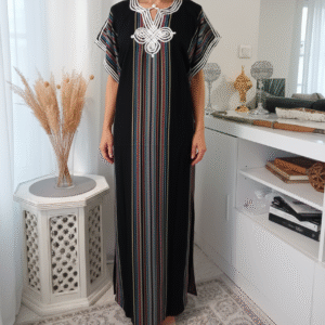 Gandoura en coton effet lin, Robe longue, kaftan noir
