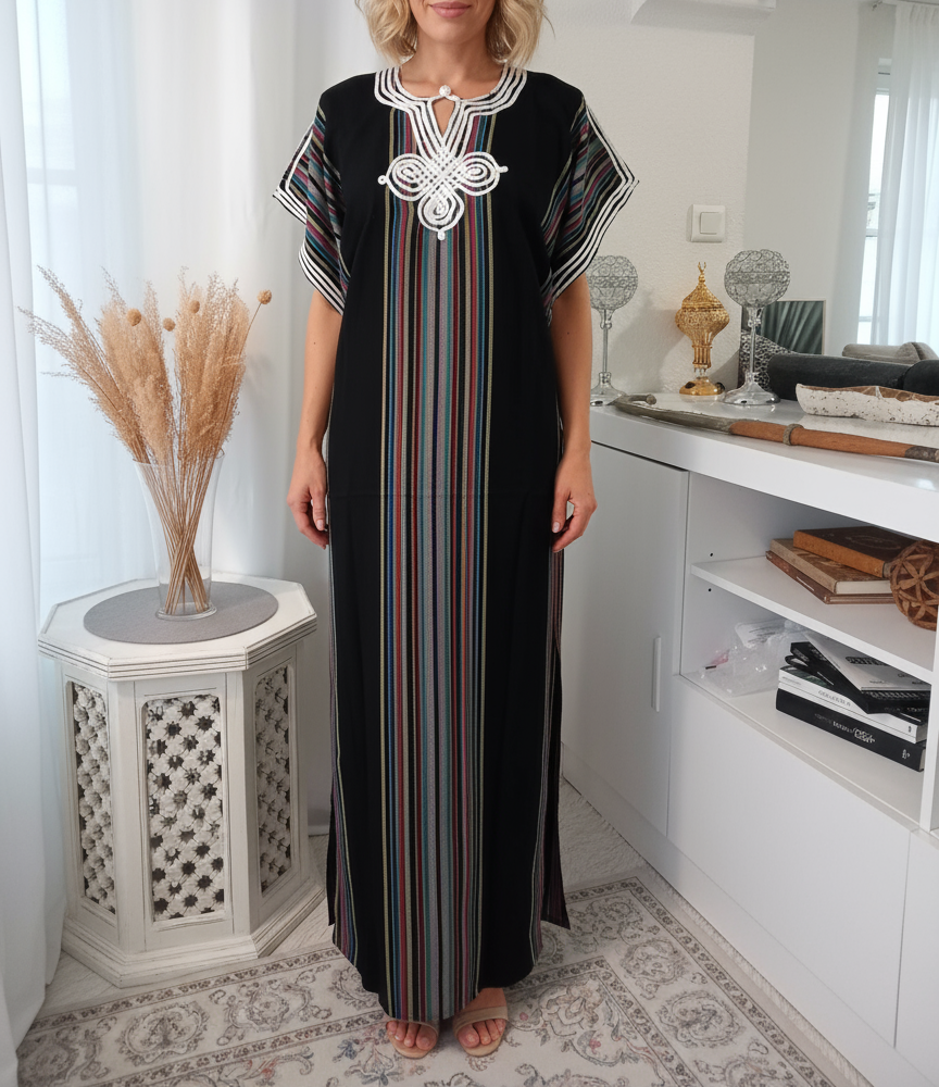 Gandoura en coton effet lin, Robe longue, kaftan noir