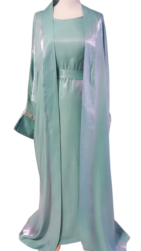 Ensemble en satin gilet /abaya – vert eau – Image 3