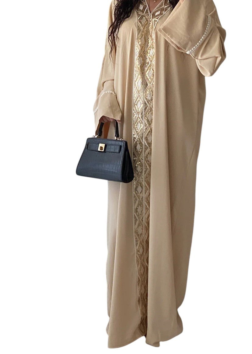 Abaya beige Pailletée-Robe longue en soie de Médine