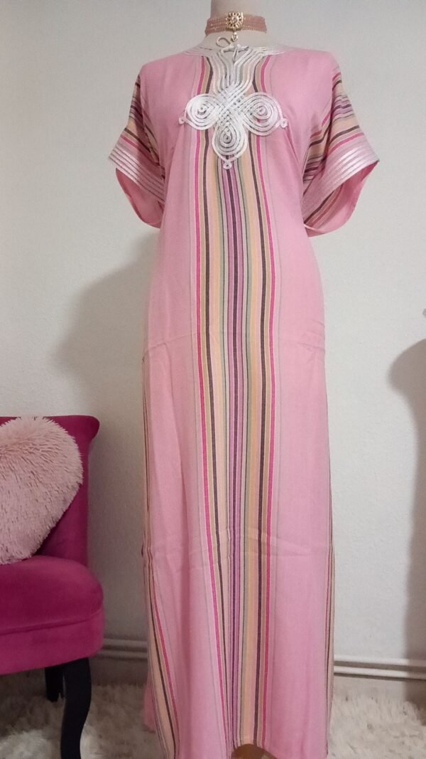 Gandoura marocaine, Robe longue à rayure en coton effet lin – Image 3