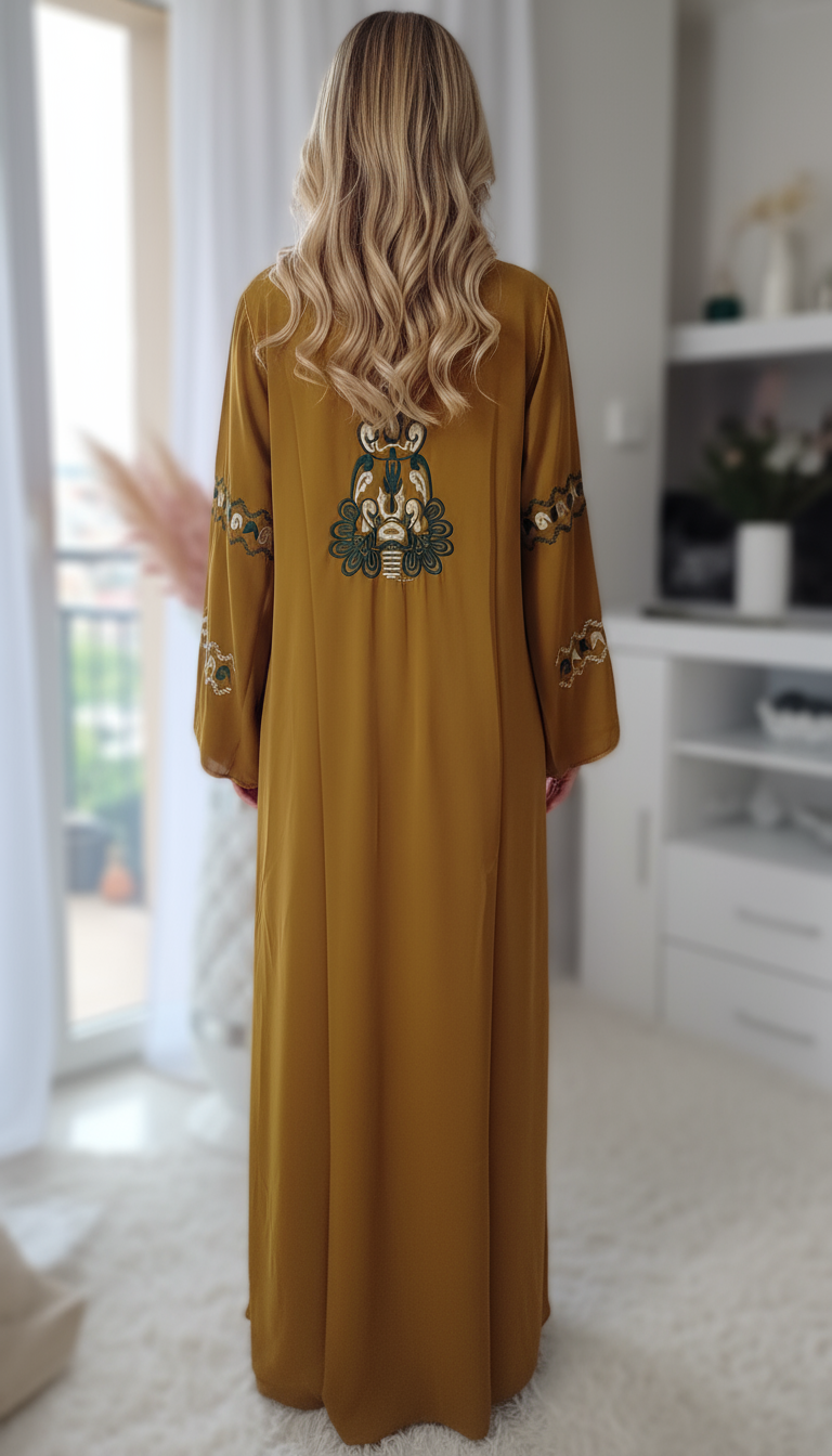 Caftan marocain Vert Olive,Robe longue en Crêpe de Soie – Image 2