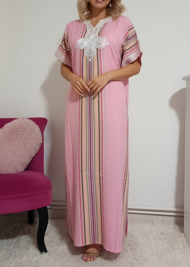 Gandoura marocaine, Robe longue à rayure en coton effet lin