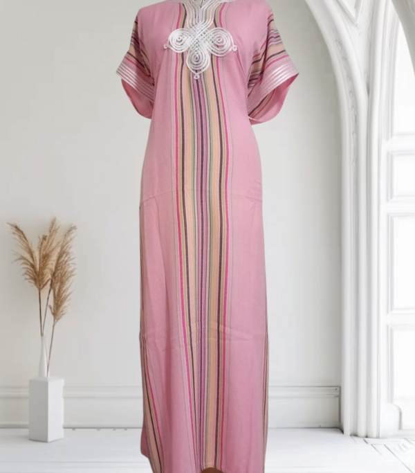 Gandoura marocaine, Robe longue à rayure en coton effet lin – Image 4