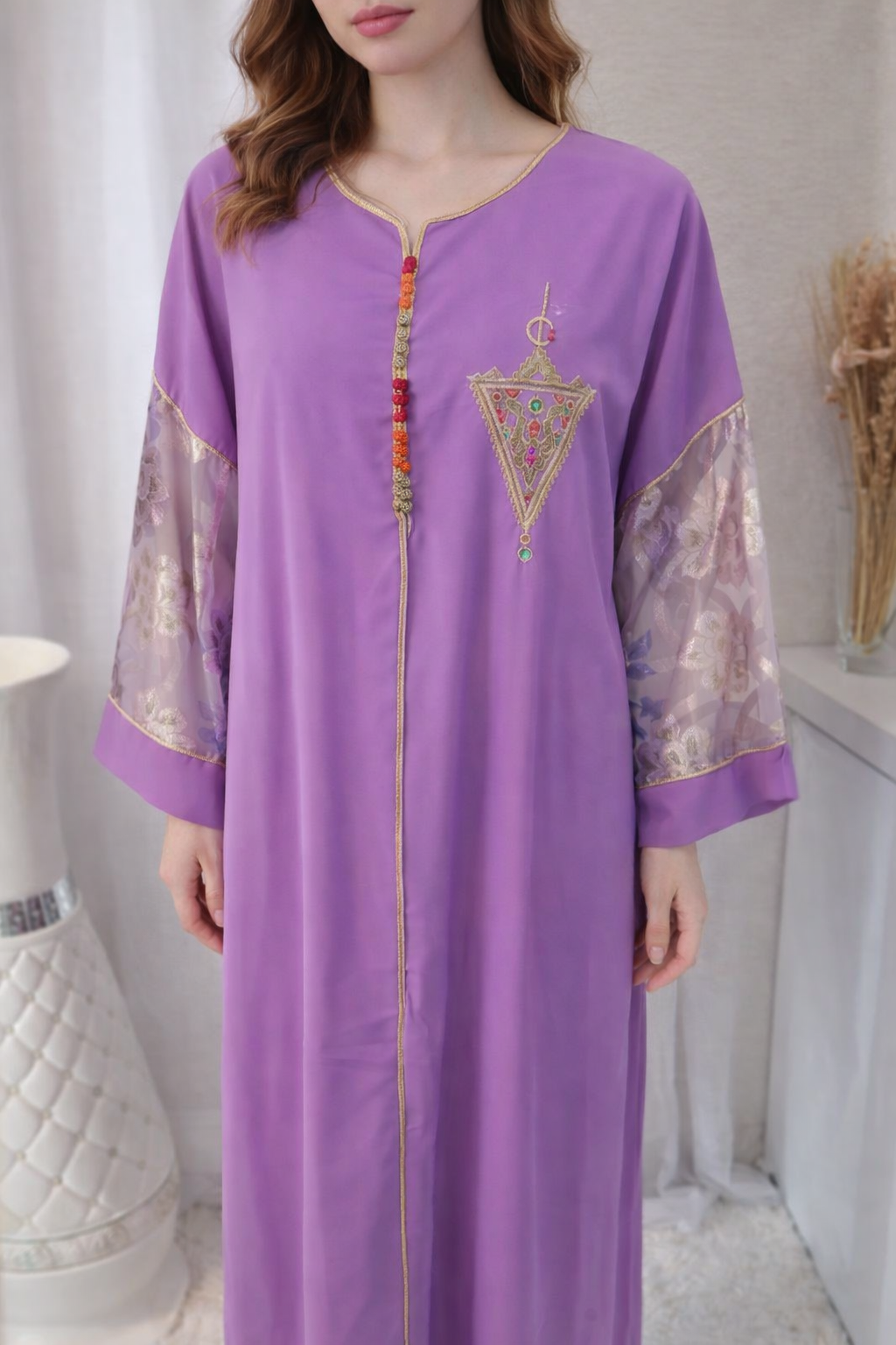 Caftan manches tlija, Gandoura marocaine en crêpe de soie