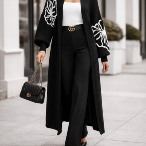 Gilet Long brodé en Grosses Mailles