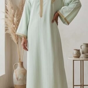 Caftan brodé en crêpe de soie, Gandoura marocaine vert eau