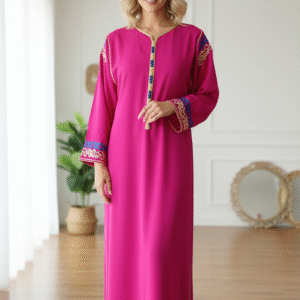 Caftan brodé en crêpe de soie, Gandoura marocaine fuchsia , Robe longue fluide