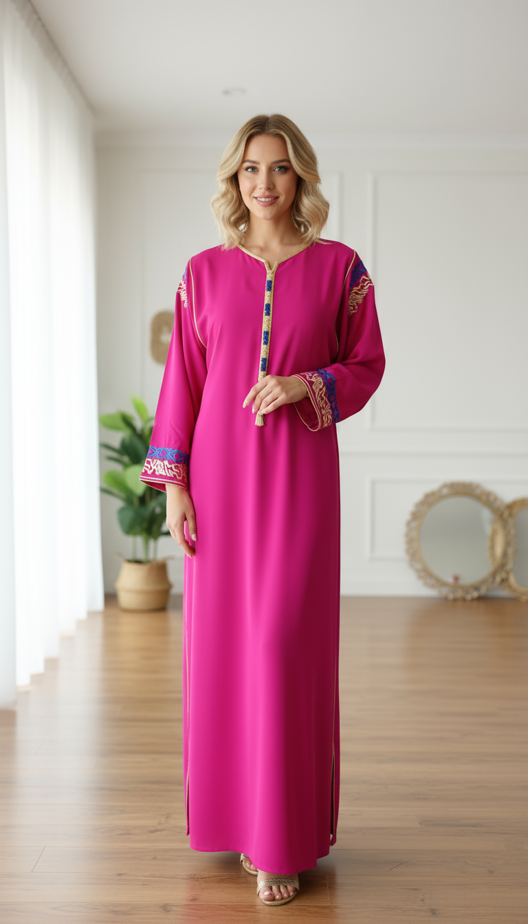 Caftan brodé en crêpe de soie, Gandoura marocaine fuchsia , Robe longue fluide