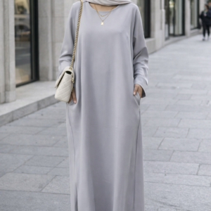 Abaya longue grise avec poches, Robe longue légère et fluide
