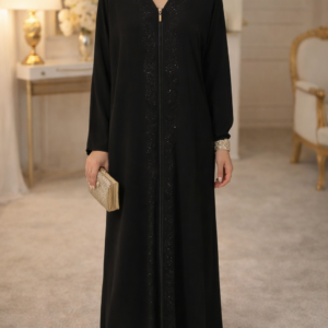 Robe longue abaya Émiratie uni avec strass et fermeture zip