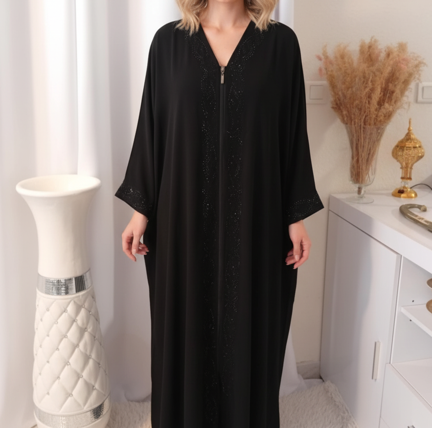 Robe longue abaya Émiratie uni avec strass et fermeture zip