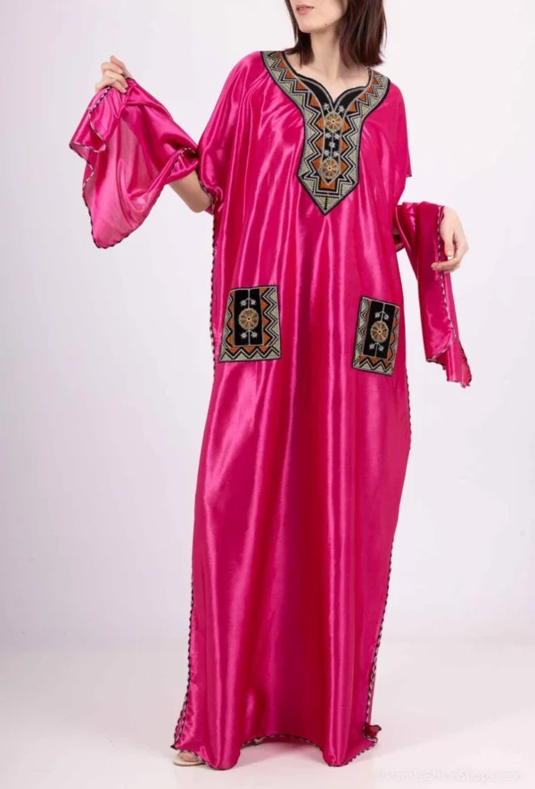 Gandoura Robe Longue Unie avec Poches + Châle
