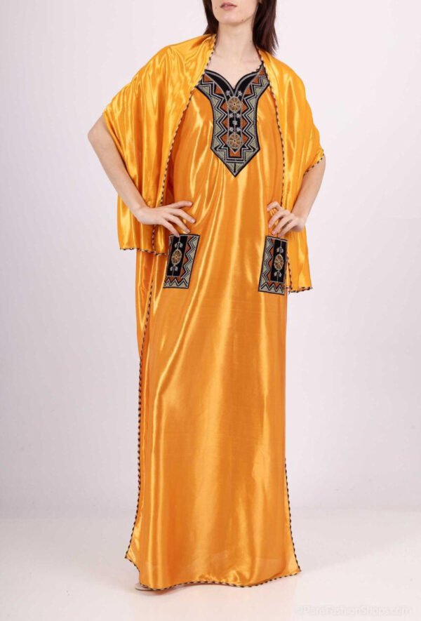 Gandoura Robe Longue Unie avec Poches + Châle