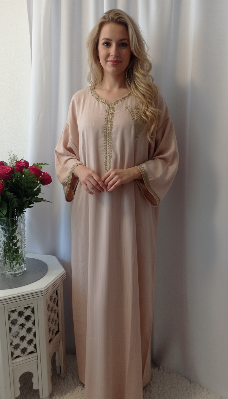 Caftan brodée khanjar, gandoura en crêpe de soie rayée