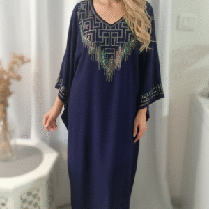 Gandoura marocaine en crêpe de soie ,Robe longue ornée de strass