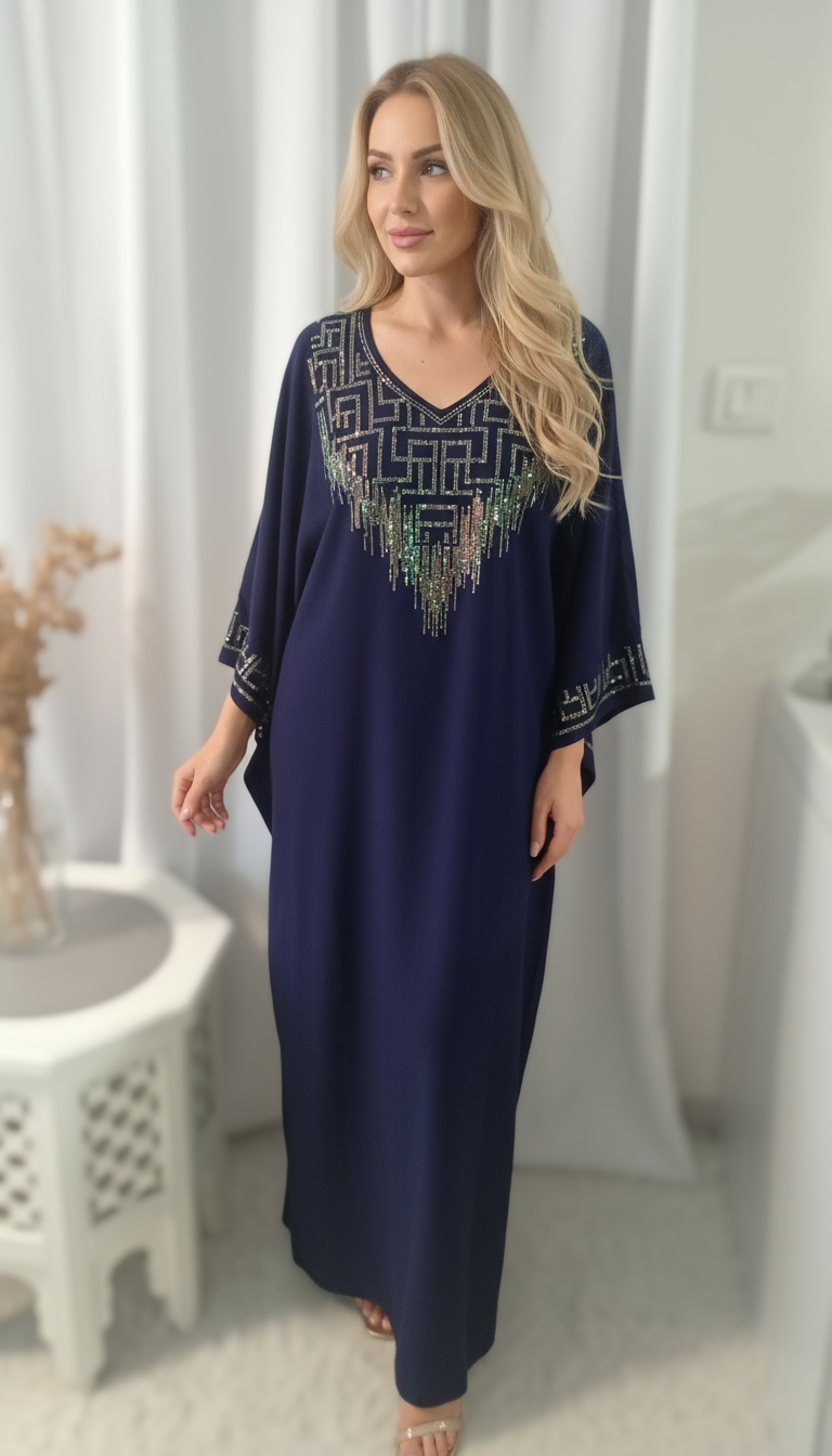 Gandoura marocaine en crêpe de soie ,Robe longue ornée de strass