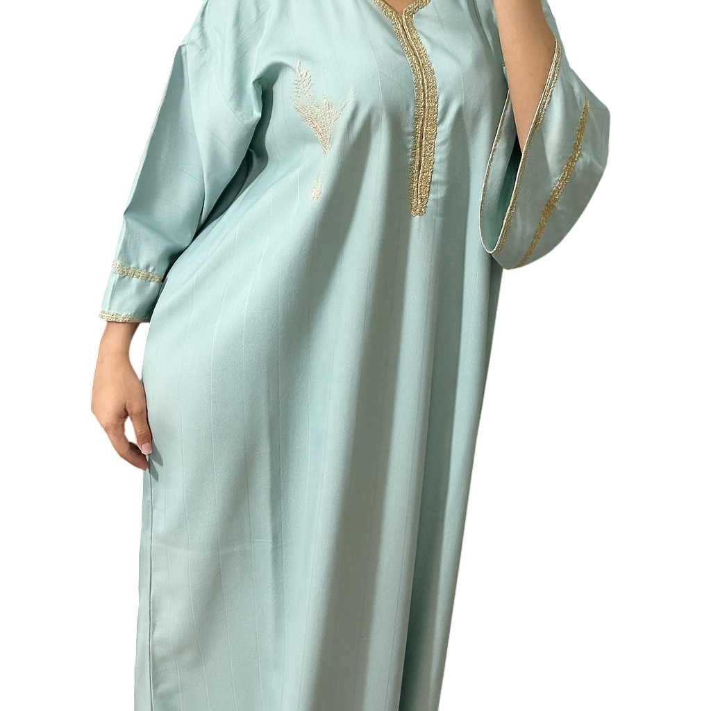 Gandoura marocaine vert eau, Caftan brodé khanjar en crêpe de soie