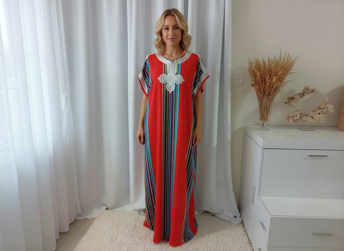Gandoura marocaine, Robe longue à rayures, kaftan rouge