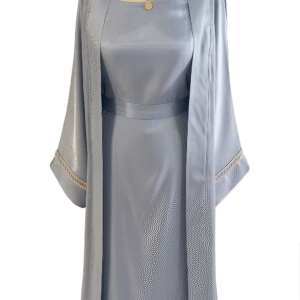 Ensemble Abaya Femme Dubai 2 Pièces – Robe Longue Fluide + Gilet Satiné Élégant – Tenue de Soirée, Mariage, Ramadan