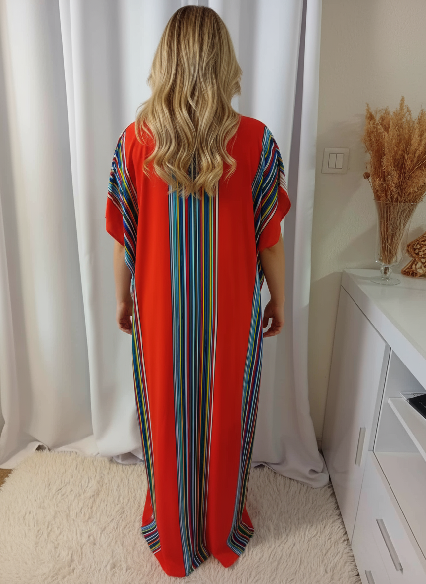 Gandoura marocaine, Robe longue à rayures, kaftan rouge – Image 3