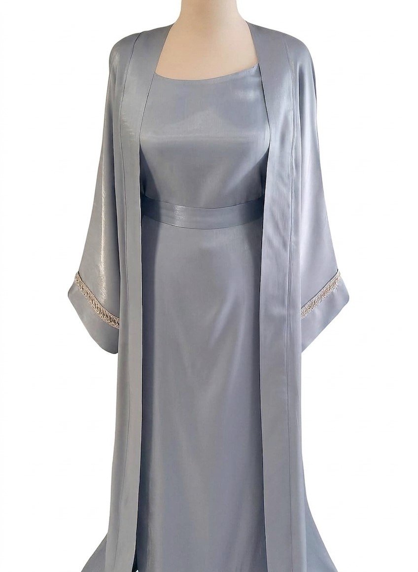 Abaya Femme Longue Sans Manches avec Ceinture – Robe Ample et Fluide avec Gilet Satiné – Ensemble Élégant et Modeste – Image 2