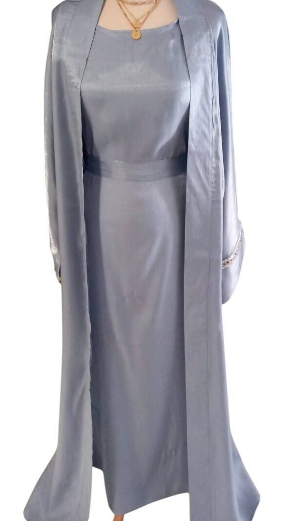 Ensemble Abaya Femme Dubai 2 Pièces – Robe Longue Fluide + Gilet Satiné Élégant – Tenue de Soirée, Mariage, Ramadan – Image 2