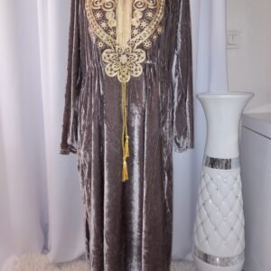 Abaya longue en velours avec poches, Robe de chambre d'hiver & taupe