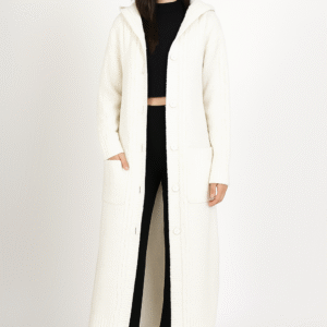 Cardigan Long, Gilet blanc en Grosse Maille avec Capuche et Poches