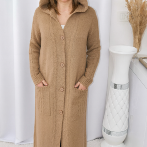 Cardigan Long,Gilet caramel en Grosse Maille avec Capuche et Poches