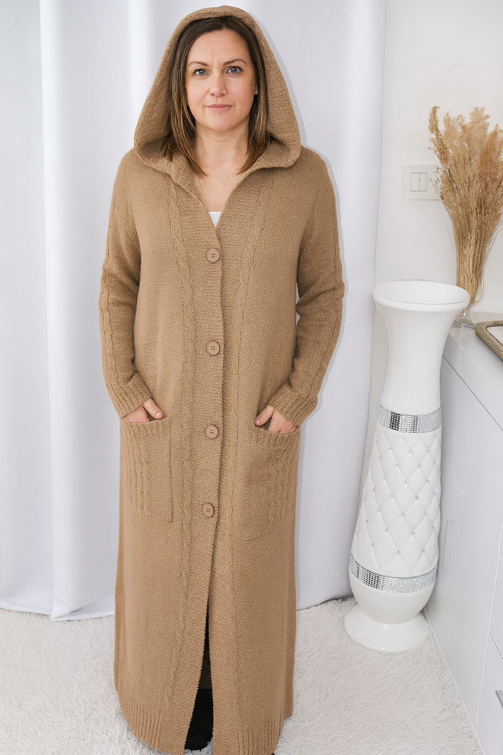 Cardigan Long,Gilet caramel en Grosse Maille avec Capuche et Poches