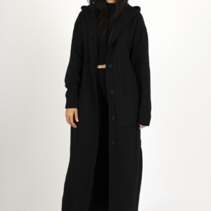 Cardigan Long-Gilet noir en Grosse Maille avec Capuche