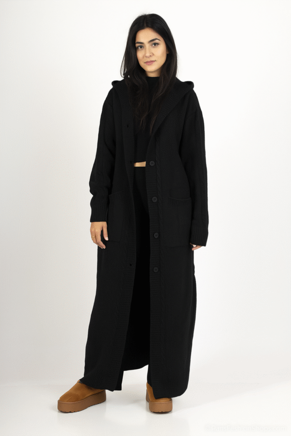 Cardigan Long-Gilet noir en Grosse Maille avec Capuche