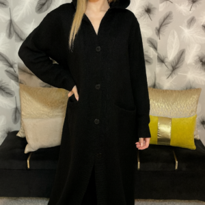 Cardigan Long-Gilet noir en Grosse Maille avec Capuche