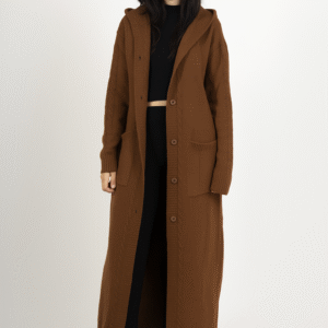 Cardigan Long,Gilet caramel en Grosse Maille avec Capuche et Poches