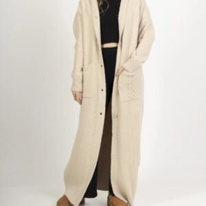 Cardigan Long-Gilet ivoire en Grosse Maille avec Capuche et Poches