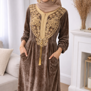 Gandoura longue en velours avec poches, Robe orientale d'hiver & taupe