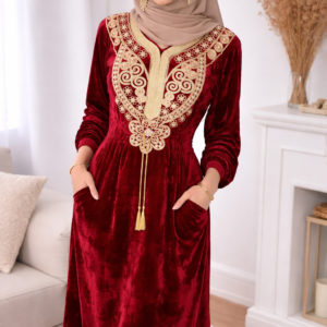 Gandoura longue en velours avec poches, Robe orientale d'hiver bordeaux