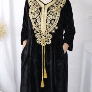 Gandoura longue velours avec poches, Robe orientale d'hiver & noir
