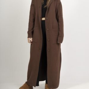 Cardigan Long-Gilet marron en Grosse Maille avec Capuche