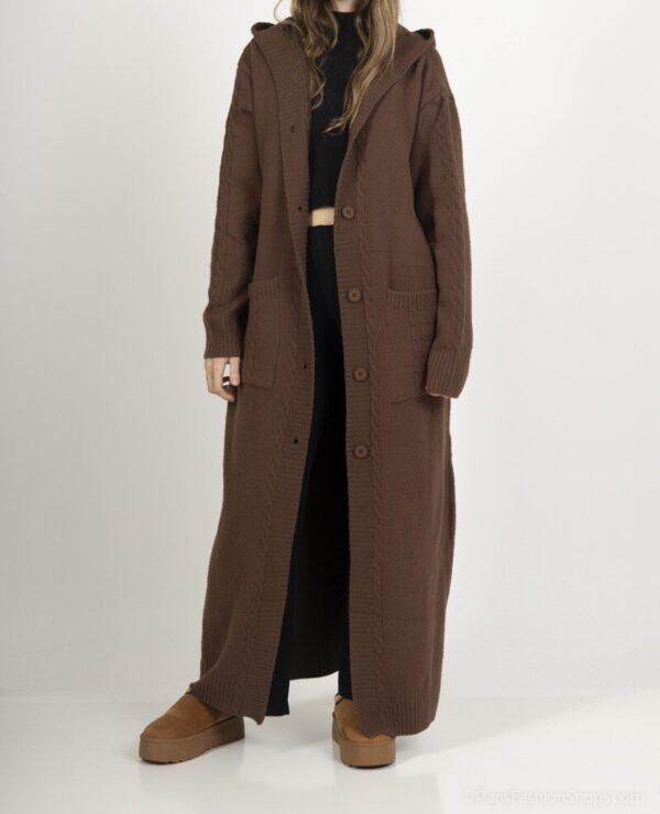 Cardigan Long-Gilet marron en Grosse Maille avec Capuche