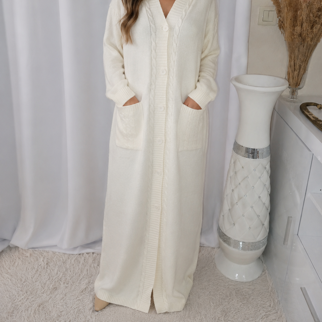 Cardigan Long, Gilet blanc en Grosse Maille avec Capuche et Poches
